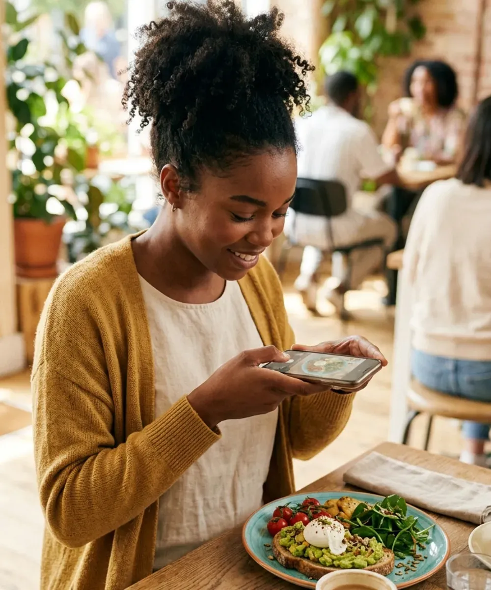Une personne photographie son repas avec son téléphone